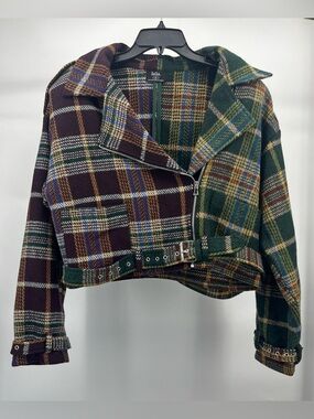 Women’s Dressed in LALA Multicolor Plaid Cropped Knit Jacket - Green & Burgundy